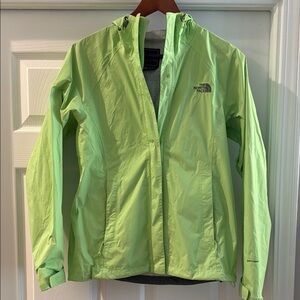 The North Face Bright Green Rain Jacket with Hood and Water-Resistant Material